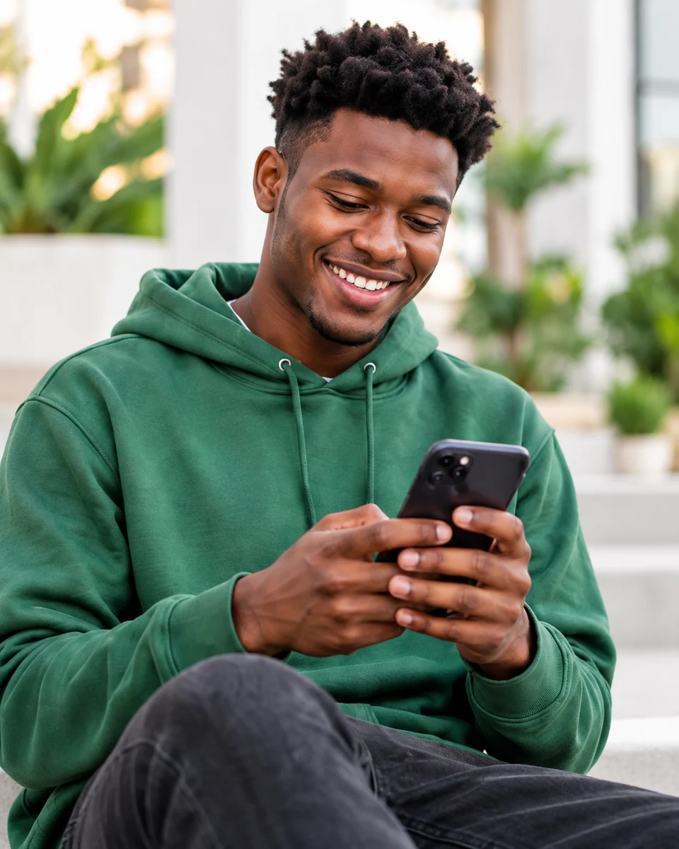 A young man in a green hoodie smiling while using his phone